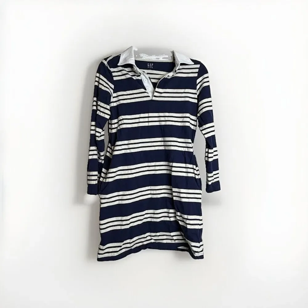 Gap Kids Girls Navy Blue White Striped Long Sleeve Rugby Polo Dress Size Large